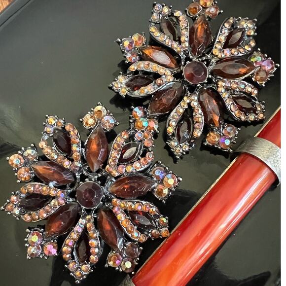 Vintage Art Deco Rhinestone Flower Brooches Burnt Orange Pin Jewelry Women Glam - Picture 4 of 14